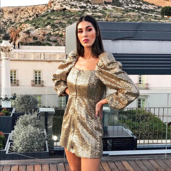 Zara Gold Zippered Sequin Puff Sleeve 